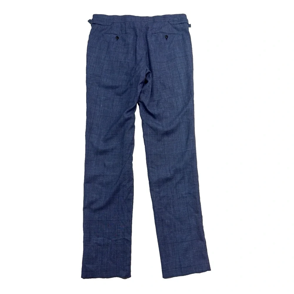 Atelier Munro Custom 38 Navy Blue Chambray Plaid Wool Silk Linen Pants Trousers